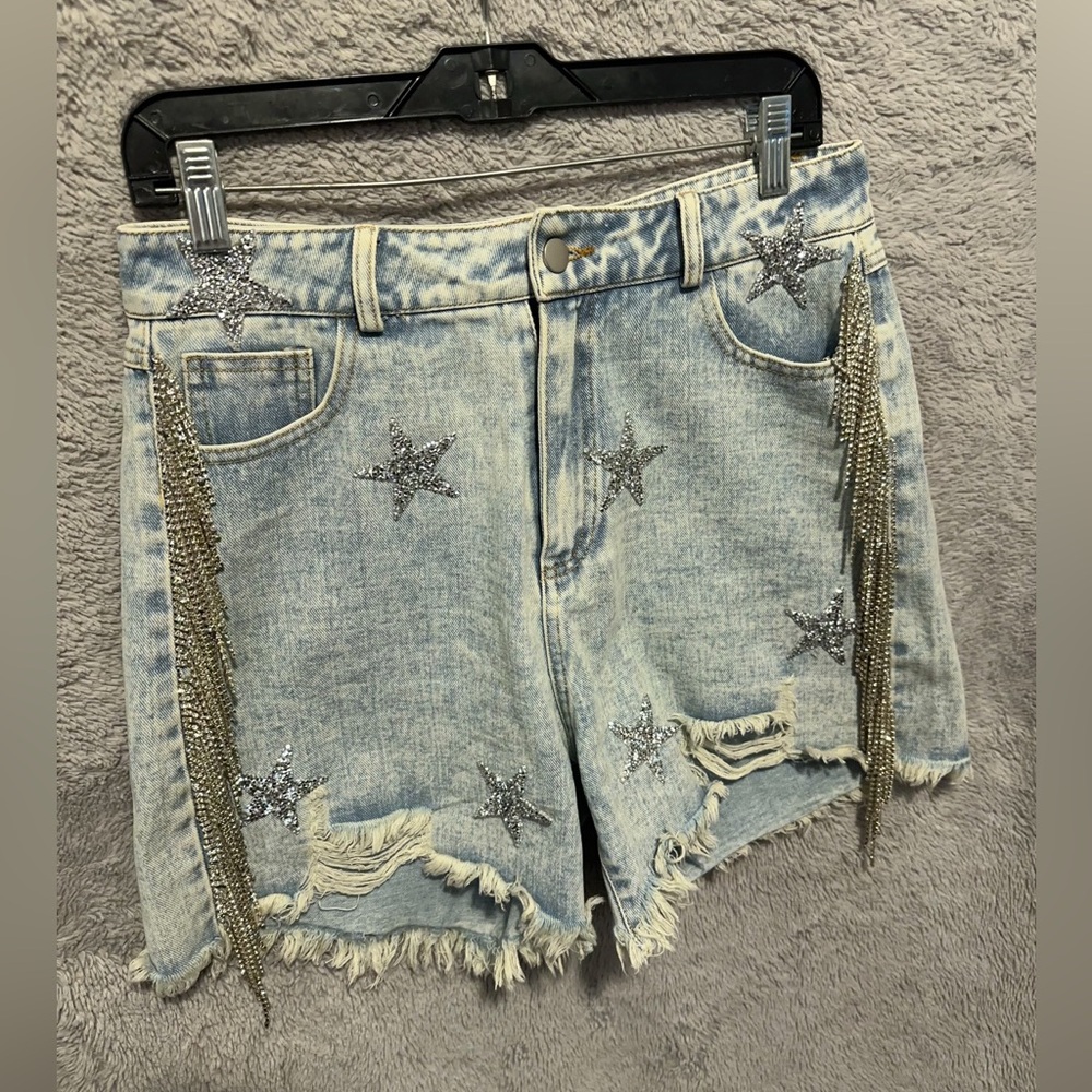 Blue B Denim Shorts Womens Large Fringe Rhinestone Cut Off Stars High Rise Jean - Picture 10 of 11